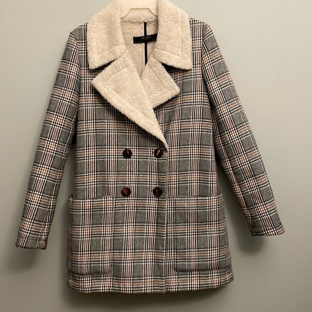 Chic Plaid Double-Breasted Pea Coat with Cream Collar